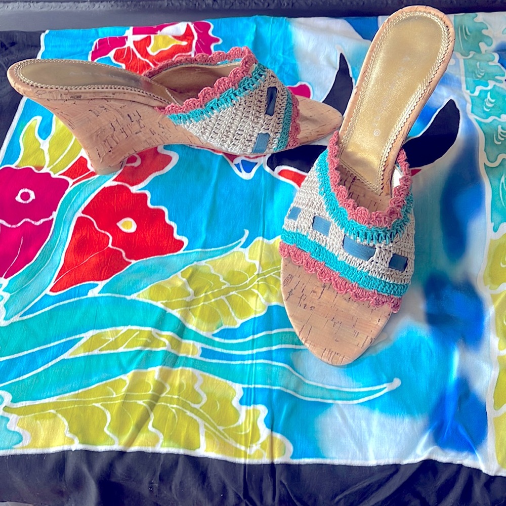 Turquoise Multi Macrame Wedge Heels - image 1